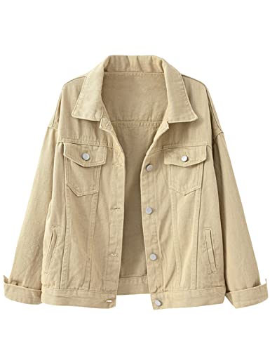 Locachy Women's Casual Denim Jacket Solid Color Basic Long Sleeve Jean Jacket Coat, Khaki, Large