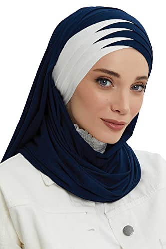 Jersey Shawl for Women Cotton Wrap Modesty Turban Cap Scarf Navy Blue-Ivory
