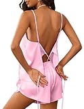 Ekouaer Womens Satin Pajamas Set Tie Back Silk Pjs Adjustable Lingerie Cami Top and Shorts Nightwear Sets Pink M