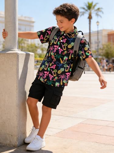 Image of uideazone Boys Hawaiian Shirts Novelty Printed Funky Short Sleeve Button Down Shirt Kids Aloha Luau Shirt 7-14T