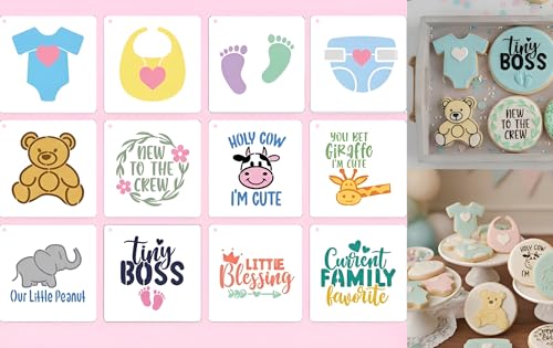 4Inch Baby Shower Stencils for Cookies- 12Pcs Cookie Decorating Stencils for Baking, Sugar Cookies, Ideal for Royal Icing & Cards Decorating with Onesie, Bib Designs, Baby Shower Favors