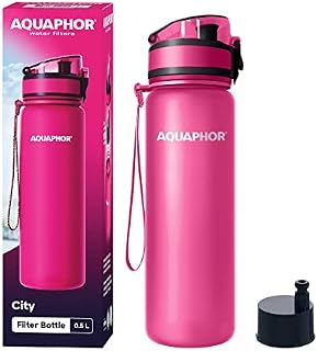 AQUAPHOR City Bottle 500ml Pink I Bottle with water filter for travel I Filter with activated carbon I Filters chlorine & impurities I Made of Tritan & BPA-free