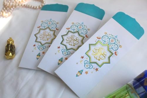مجموعة بطاقات تهنئة بالخط العربي بعبارة «Eid Mubarak» تصميم بلون تركواز وذهبي، عبوة من 6 قطع، من اس ام 4 يو