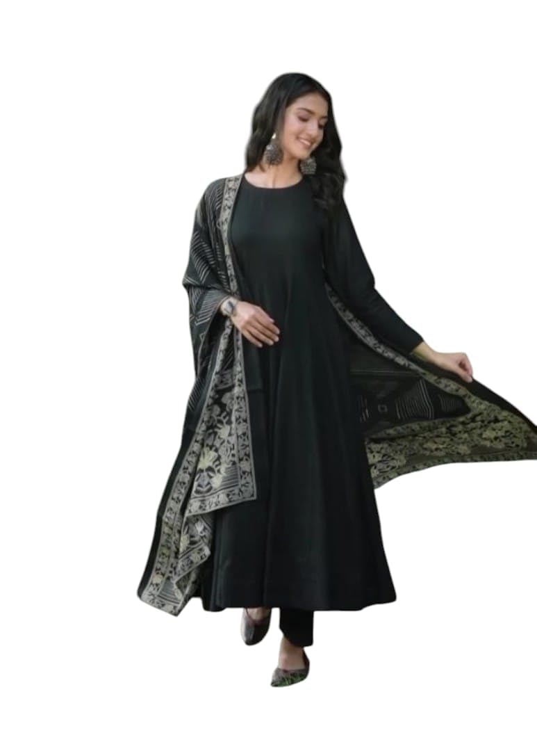 Rayon Plain Anarkali Kurti Set with Pant and Dupatta, Black, Chanderi Cotton Dupatta, Fully Stitched, Size M-L-XL (IN, Alpha, M, Regular)