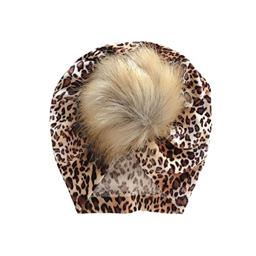 Nishine Baby Leopard Fur Hairball Turban Beanies Hat Newborn Fluffy Pompom Hat Kids Pom Skull Cap - Pack Of 5 #TOP4