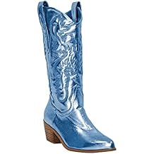 MissHeel Mid Calf Cowgirl Boots Embroidered Block Chunky Heel in Pink Silver