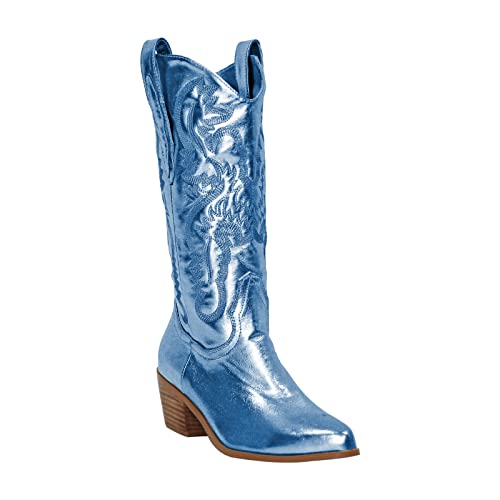 MissHeel Mid Calf Cowgirl Boots Embroidered Block Chunky Heel in Pink Silver