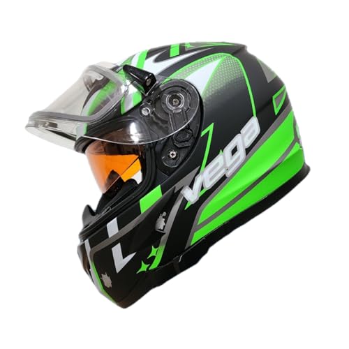 Vega V-Star Snowmobile Helmet with Electric Heated Shield & Amber dropdown shield, Green Evoluition, Large