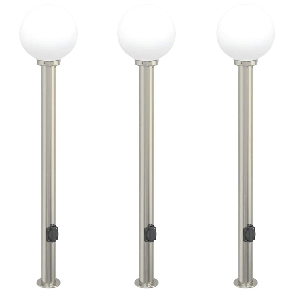 Lampy słupkowe ze stali nierdzewnej z ochroną IP44, 3 sztuki, wysokość 120 cm, z gniazdkiem, do użytku na zewnątrz, na taras, do ogrodu, oświetlenie drogi, trwałe, nowoczesne, stojące
