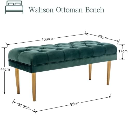 Wahson Velvet Ottoman Bench Seat Upholstered Bed End Stool Dining Bench with Golden Metal Legs, Window Seat Footstools for Entryway, Green