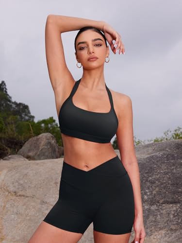 YEOREO Roxanie Women Halter Sports Bra Scoop Neck Removable Padded Open Back Yoga Workout Crop Tank Top2