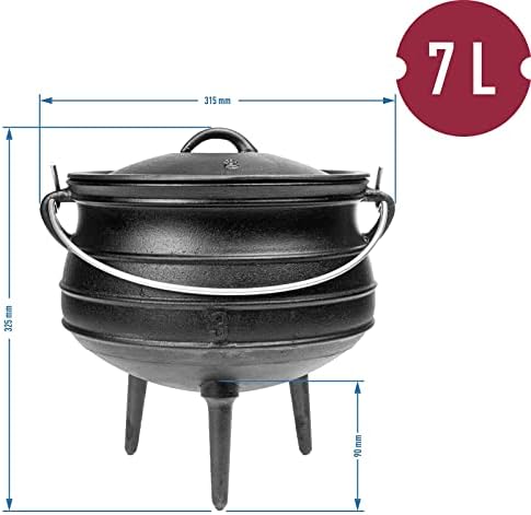 Browin 330510 African Cauldron - Safari 7 L | Cast Iron | Deep Camping Pot with Lid, Lid Lifter and Feed | For Outdoor Cooking, Black