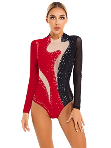 Doomiva Damen Glitzer Gymnastikanzug Lange Ärmel Leotards Strass Patchwork Tanzanzug Zweifarbig Turnbody Ballett Tanzbekleidung W Rot + Schwarz S Cover