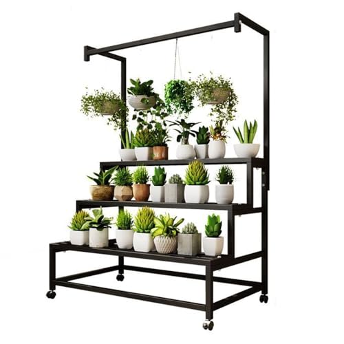 JUNENTER 3段大型金属製プラントスタンド 吊り下げ式背の高いプラントポットシェルフ 車輪付き 背の高い大型頑丈プラントスタンド 家庭/庭/リビングルーム/バルコニー用 大きなプラントポットを持ちやすい