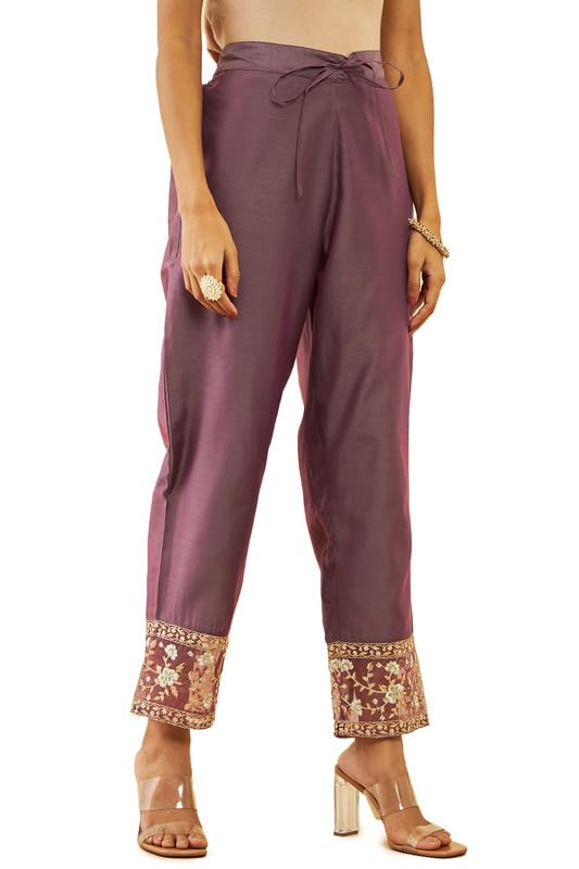 Image of Soch Womens Onion Pink Chanderi Floral Embroidered Straight Suit Set with Sheer Panels