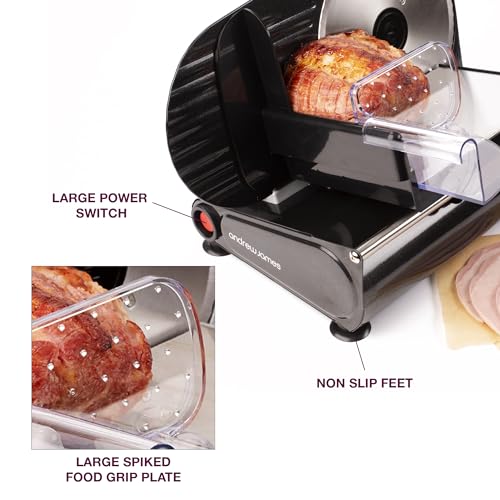 Andrew James Meat Deli Slicer Electric Food Slicer for Bread, Meat, Cheese & Sunday Carvery | Meat Cutting Machine with 3 Interchangeable 19cm Blades | Plastic Pusher, Blade Guard, Non-Slip Feet 150W - Image 9