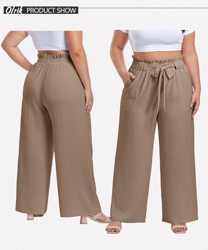 Image of OLRIK Women's Plus Size Pants Adjustable High Waisted Wide Leg Palazzo Pants Casual Trousers with Pockets Spring Clothes