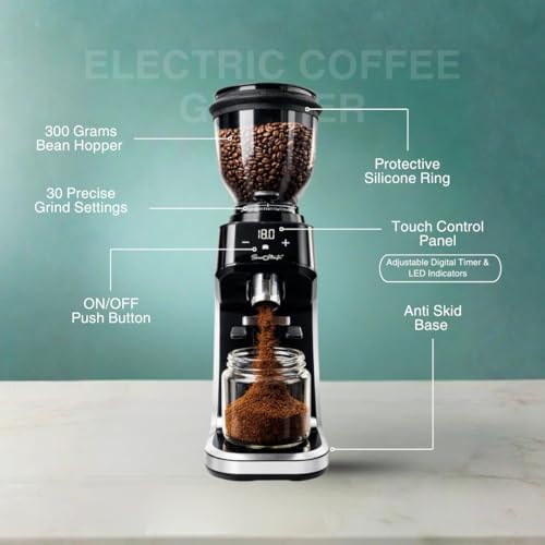 Image of Electric Coffee Grinder, 300 Grams Bean Capacity, 150 Watt Powerful Motor, 30 Grind Settings, Touch Interface, Adjustable Timer, Ideal for Ground Coffee-Espresso, Cappuccino, Americano