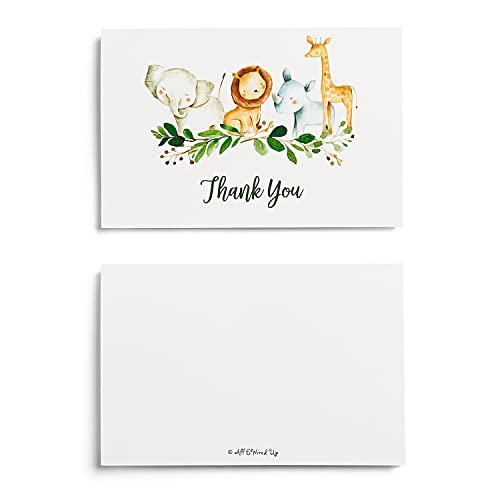 25 Boxed Safari Thank You Cards With Envelopes (Thick Card Stock) Baby Shower, Jungle Greenery Large Size 4X6 Zoo Animal Giraffe Lion Elephant Gratitude For Party, Girl Boy Children Birthday Stationery #TOP3