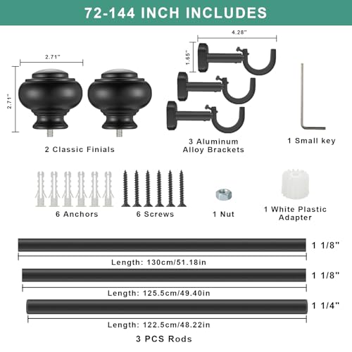 Heavy Duty Curtain Rods, 1 1/4 Inch Diameter Curtain Rod for Window 72-144 Inch(6-12ft), Telescoping Large Drapery Rod with Adjustable Modern Brackets, Matte Black by Hosmile - Used condition - Image 6