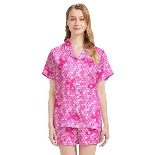Image of Funny Pajamas for Women Set Print Satin Loungewear Pjs Short Sleeve Button Down Top and Shorts Sets Sleepwear XS-3XL