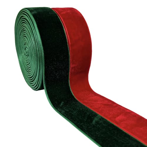 Qingxii Decorr Wedding Christmas Valentin's Day Gift Box DIY Craft Decor Velvet Ribbon (Red+Dark Green, 1''x6Yards)