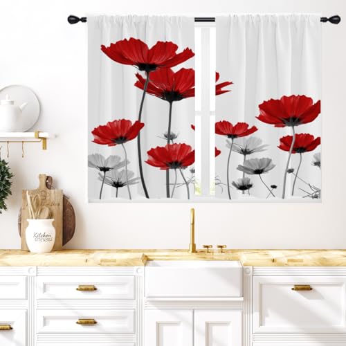 Coxila Red Floral Kitchen Window Curtains 27.5 x 39 Inch Small Short Mini Cafe Rod Pocket Flower Spring Black White Gray Grey Living Bedroom Room Home Treatment Set of 2 Curtain Panels Drapes Tiers
