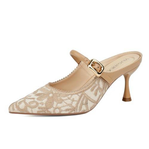 VIUGJNEX Closed Toe Kitten Heel Mules for Women | Pointed Toe, 2.75-Inch Low Heel, Open Back, Slip On, Adjustable Buckle Strap, Comfortable Dressy Shoes for Business Casual