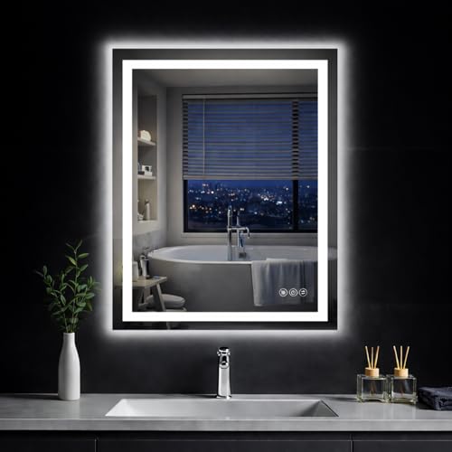 Image of 24 inchx 36 inch LED Bathroom Mirror with Lights, Backlit & Front Lit, Dimmable, 3 Colors Led Mirror, Memory Function, Anti-Fog, Led Vanity Mirror for Wall, Shatterproof Tempered Glass, ETL Listed