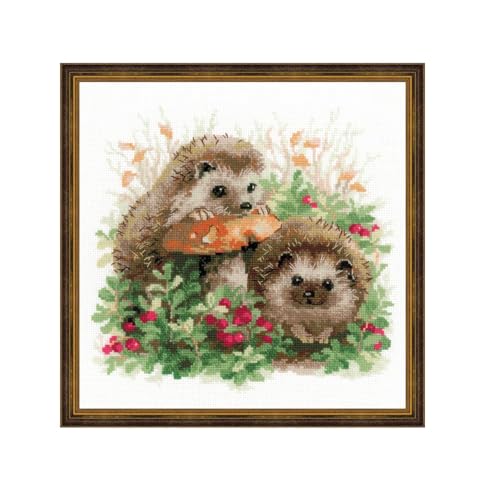 Image of RIOLIS - Hedgehogs in Lingonberries 1469, Animals Cross Stitch Kit 9,84 inch x9,84, Cross Stitch for Beginners & Advanced, Crossstitching Kits Adult, Counted Stitching Kits, Embroidery Kit