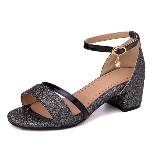 Onewus Damen Fashion Open Toe Schnalle Blockabsatz Sandalen (Schwarz, 44)