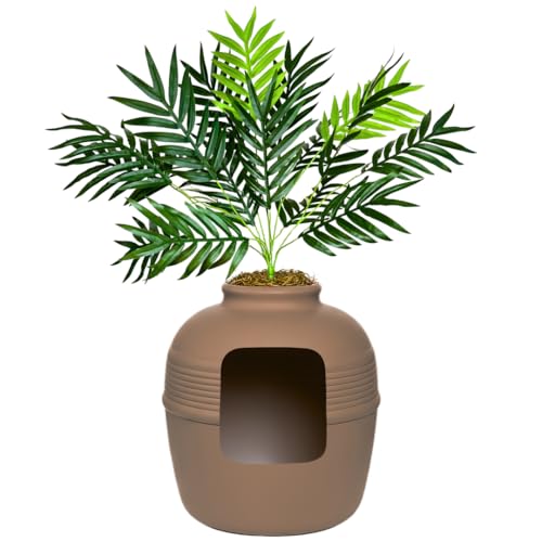 Good Pet Stuff Original Hidden Litter Box Planter Decorative Cat Litter Enclosure with Carbon Filter Artificial Palm Plant Upgraded Design Easy to Clean Base Kit Mocha Brown