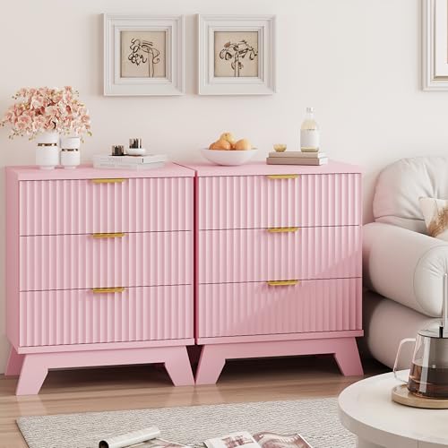 Image of Xixini Fluted Nightstand, 24 inch Wide Side Table with 3 Large Storage Drawers, Mid Century Modern Wood Night Stand with Metal Handle, Wooden Bedside End Table for Bedroom, Pink