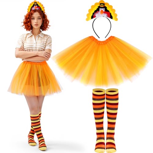 Haakong 4Pcs Thanksgiving Turkey Costumes Set for Women Thanksgiving Holiday Tutus Turkey Headband Turkey Socks Trot Adult Cosplay Party Accessories