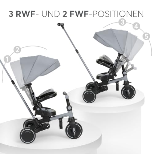 KikkaBoo Dreirad ab 1 Jahr mit Schubstange 8-in-1 ALUMA, Faltbares Kinderfahrzeug mit Drehbarem Sitz, 5-Punkt-Gurt, Aluminiumrahmen, Grau