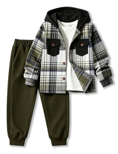 Image of Toddler Boy Clothes Plaid Hooded Shirt White T-shirt Top and Solid Color Pants 3Pcs Winter Boys Clothes