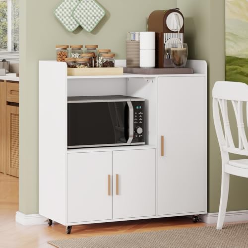 YU YUSING Mueble Auxiliar de Cocina con Ruedas, Mueble Microondas 90×40×96,5 cm, Carrito Cocina para Cafetera y Microondas, Aparador Cocina Moderno con Puertas y Estante Ajustable, Blanco