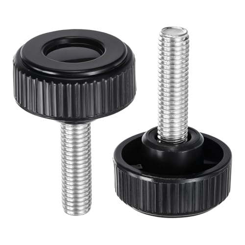 Image of sourcing map 2pcs Knurled Clamping Knobs Thumb Screws M10 x 35mm Metric Male Thread 38mm Plastic Round Head Carbon Steel Stud Threaded Knob Thumbscrew Handle Hand Tightening Screw, Black