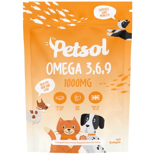 PetSol Omega 3 for Dogs & Cats Omega 369 Fish Oil for Dogs & Cats 1000mg 120 Softgel Capsules. Seed & Fish Oil Supplement for Healthy Joints Skin & Coat Brain Heart & Immune Health & Vitality.