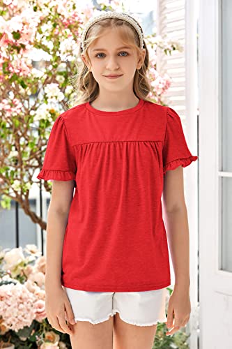 Ebifin Girls Short Sleeve Tops Casual Crewneck T Shirts Kids Peplum Babydoll Tunic Tees Blouses Size 4-15 Years B-Red #TOP1