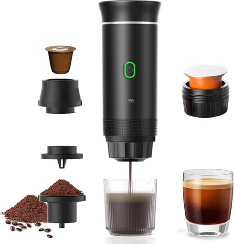 Cafetera Portatil Capsulas 3 en 1 compatible con Nespresso Dolce Gusto y Café Molido - Mini Cafetera Portátil Multicapsulas Ideal para Llevar, Maquina Cafe Portatil Pequeña