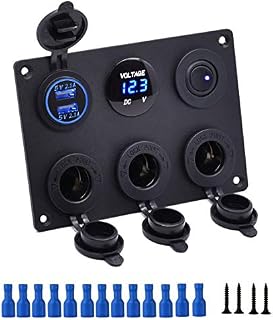 Thlevel Panel wielofunkcyjny 6 w 1 1 gniazdo 12 V podwójne USB ładowarka niebieska LED woltomierz przełącznik dźwigienkowy do gniazda zapalniczki samochodowej panel do samochodów osobowych