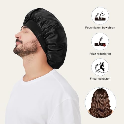 BE BIGEDDIE Satin Schlafhaube für Herren mit Verstellbarer Schnalle, Haarhaube Nacht zum Schlafen in Schwarz – Satin Haube für Haarschutz & Lange Haare