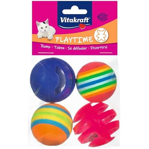 Vitakraft Balles Arc-en-Ciel, Jouets pour Chats, avec grelots et Couleurs Arc-en-Ciel 1 Paquet de 4 balles