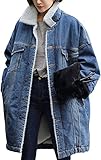 CHARTOU Women's Thick Fleece Lined Button Down Mid Long Quilted Denim Jacket Overcoat (Large,Blue)