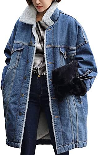 CHARTOU Women's Thick Fleece Lined Button Down Mid Long Quilted Denim Jacket Overcoat (Large,Blue)