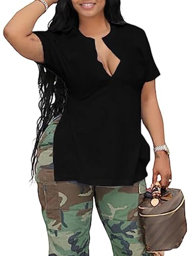 Remidoo Women's Side Slit Shirt Asymmetrical Hem Short Sleeve T Shirt Sexy V Neck Tee Black Large