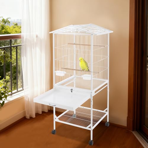 Vogelkäfig aus Metall mit Rollen, 46 x 46 x 125 cm, weiß, für kleine Vögel, Zuhause, Wohnzimmer, Balkon, 4 Räder (2 abschließbar), für Wellensittiche, Sittiche, Haustierbesitzer-5