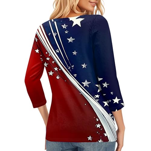 Image of 4th of July Shirts Women 3 /4 Length Sleeve Womens Tops Henley Neck Casual Patriotic T Shirts