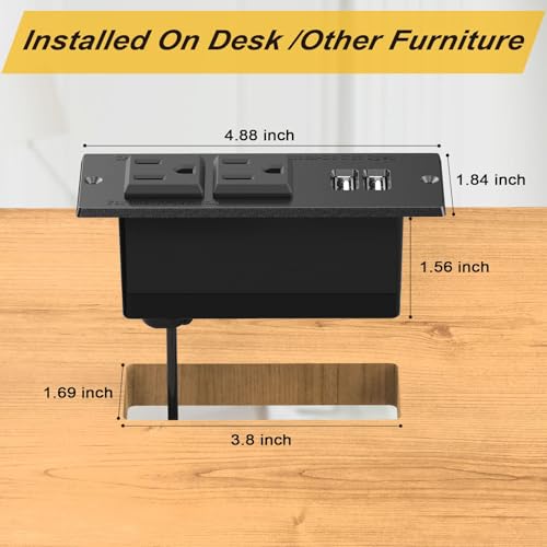 Toma de corriente empotrada para escritorio, 2 unidades, con 2 enchufes y 2 puertos USB, cable de extensión de 10 pies, certificado ETL miniatura 6